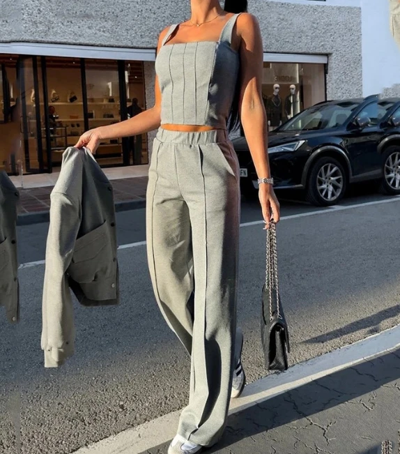 Minimalist Style for Women 2024 Summer Pants Set Fashion Casual Sleeveless Solid Color Temperament Commuting Two-Piece Set