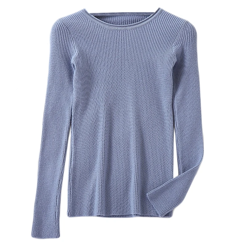 Women Long Sleeve Ribbed Knit Sweater O-Neck Solid Color Basic Jumper Tops