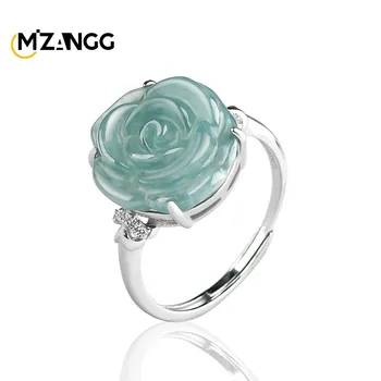 סט כסף 925 myanmar jadeite מים כחולים רוז טבעת ירקן קרח מתכווננת נקבה טבעת אופנה בסדר תכשיטים למסיבת חתונה