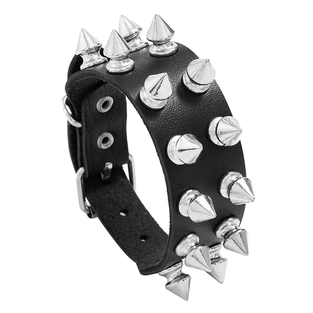 Pu Leather Studded Bracelet Punk Spike Rivets Cuff Metal Black Wristband Adjustable Cuff Bangle