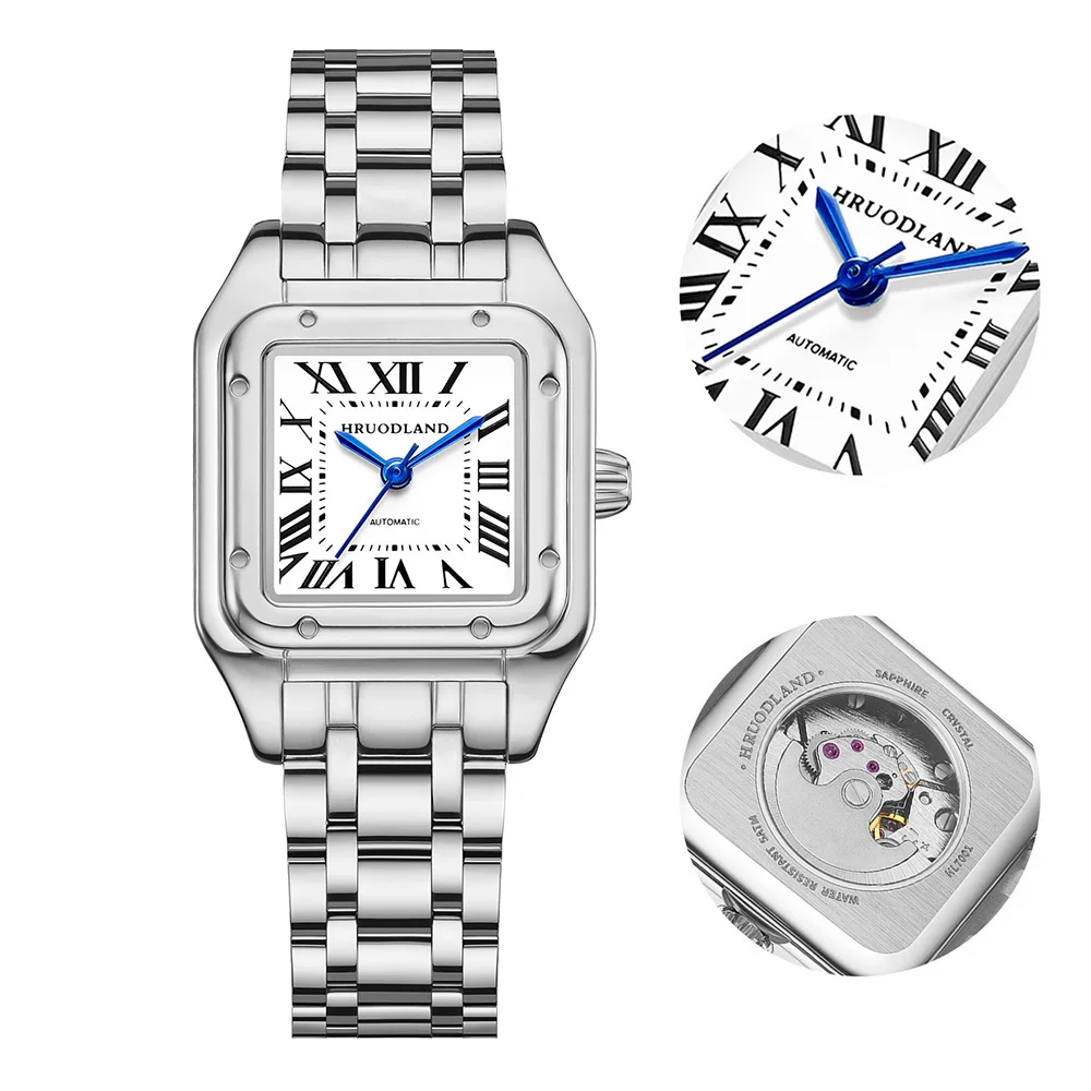 HRUODLAND Women's Square Automatic Mechanical Watch 27mm Luxury Panther Style Watch Roman Numeral Dial Sapphire Crystal
