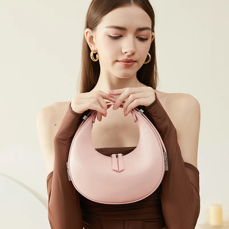 Women Luxury Design Cowhide Hobo Bags Small Handbag Fashion Shoulder Underarm Bag Genuine Leather Half Moon Bags S5484