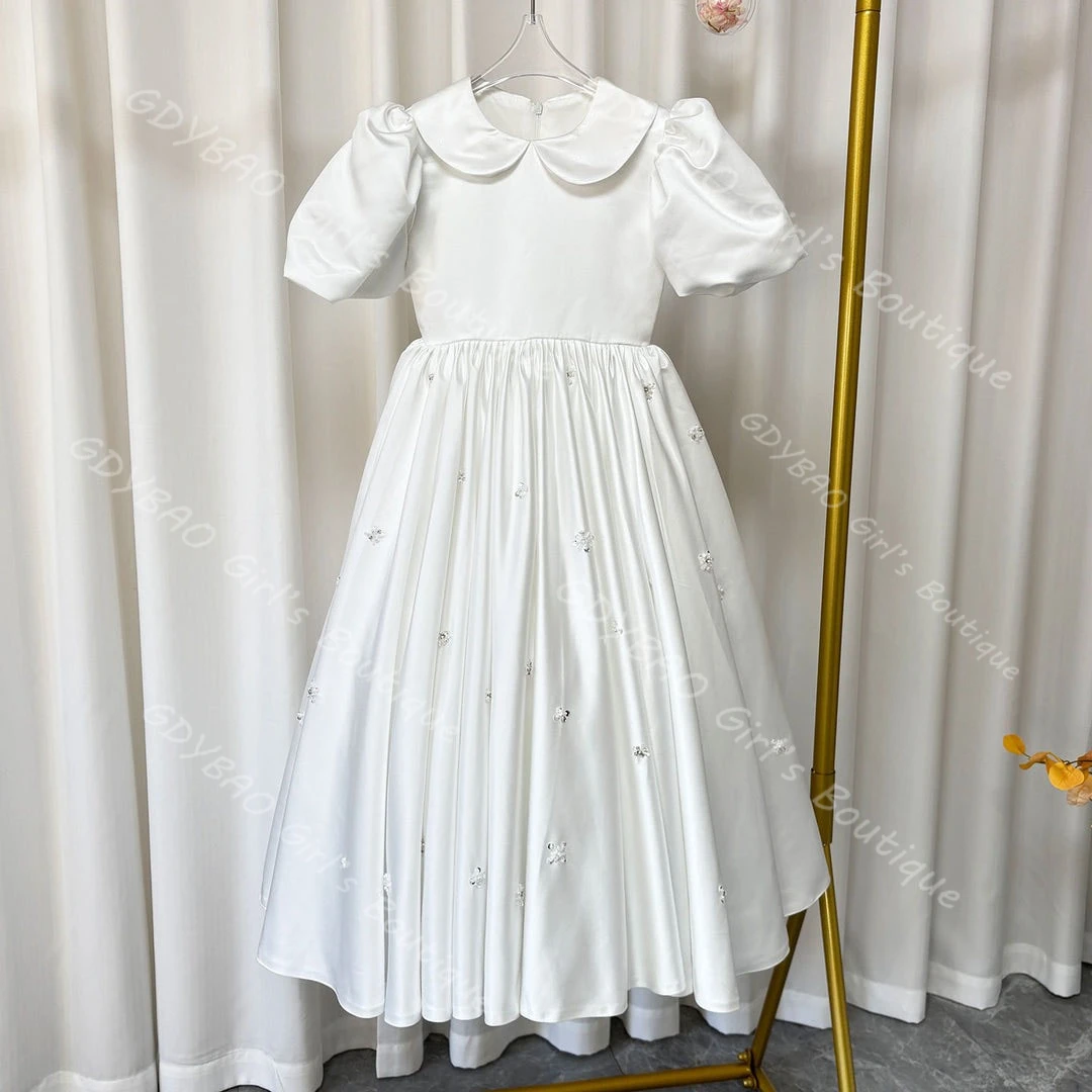 Vestido de niña de flores con cuello Peter Pan y manga corte en A/vestido de princesa hasta el tobillo vestido de comunión personalizado vestido de fiesta de cumpleaños