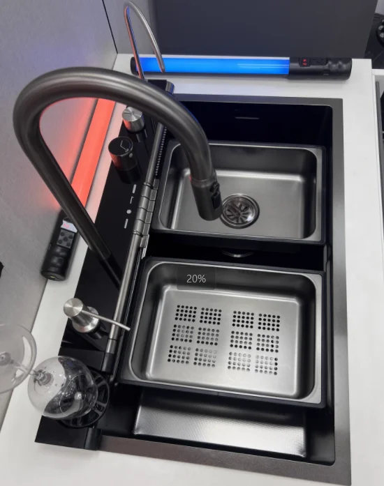 モダンなスマートキッチンシンク、手作りステンレス製シンク、多機能ウォーターフォール洗面台