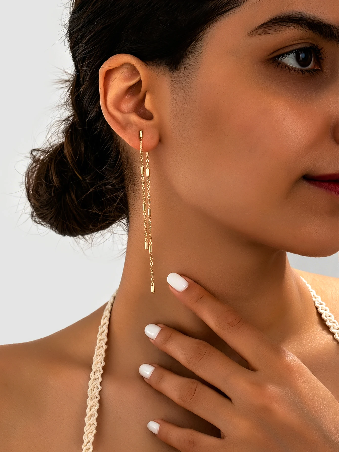Minimalist Gold Long Chain Earrings for Women, Fine Cylindrical Bead Tassel Earrings, Exquisite Everyday Stackable Versatile Accessories