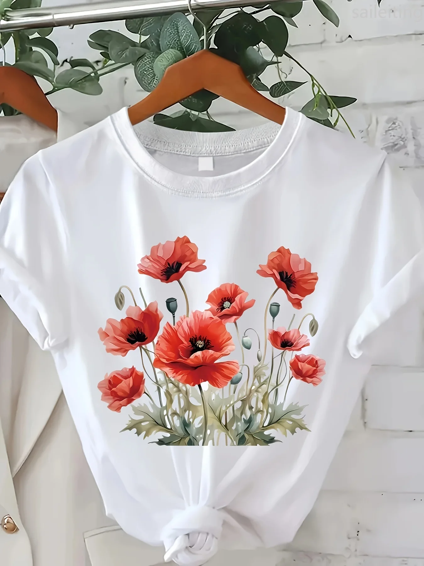 

Women's Casual Short Sleeve Round Neck T-Shirt White with Red Geometric Floral Print Summer Short Sleeved Harajuku Streetwear