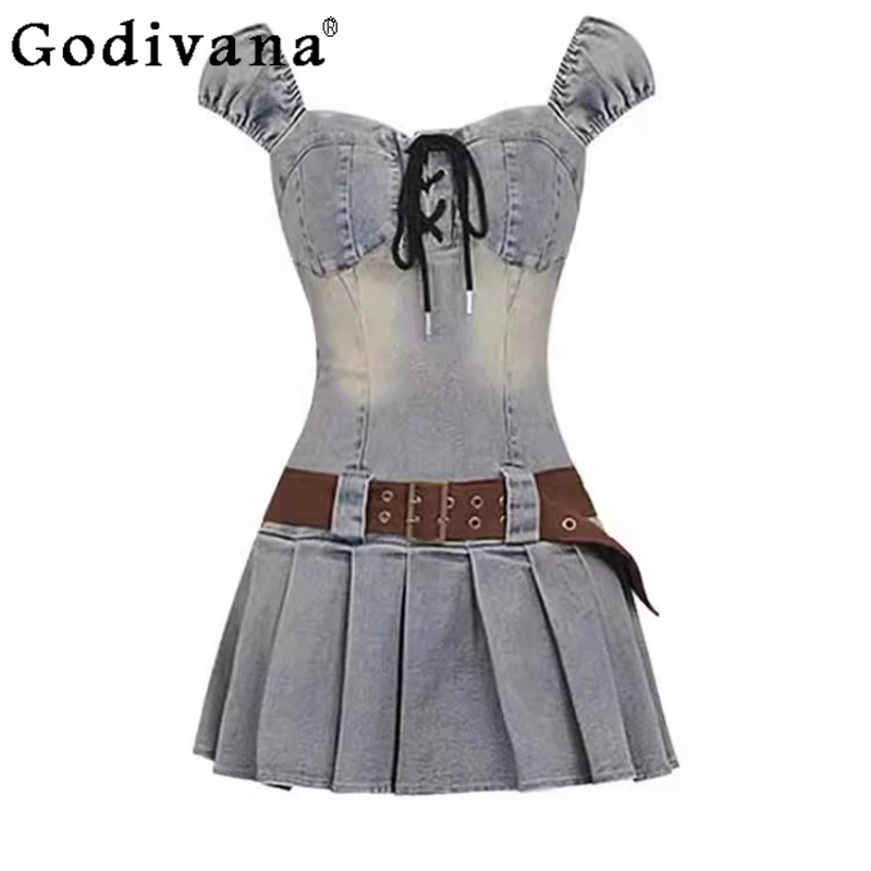 

Cool Girl Retro Blue Temperament Square Neck Denim Dress Summer New A-line Sleeveless High Waist Age Reduction Pleated Dresses