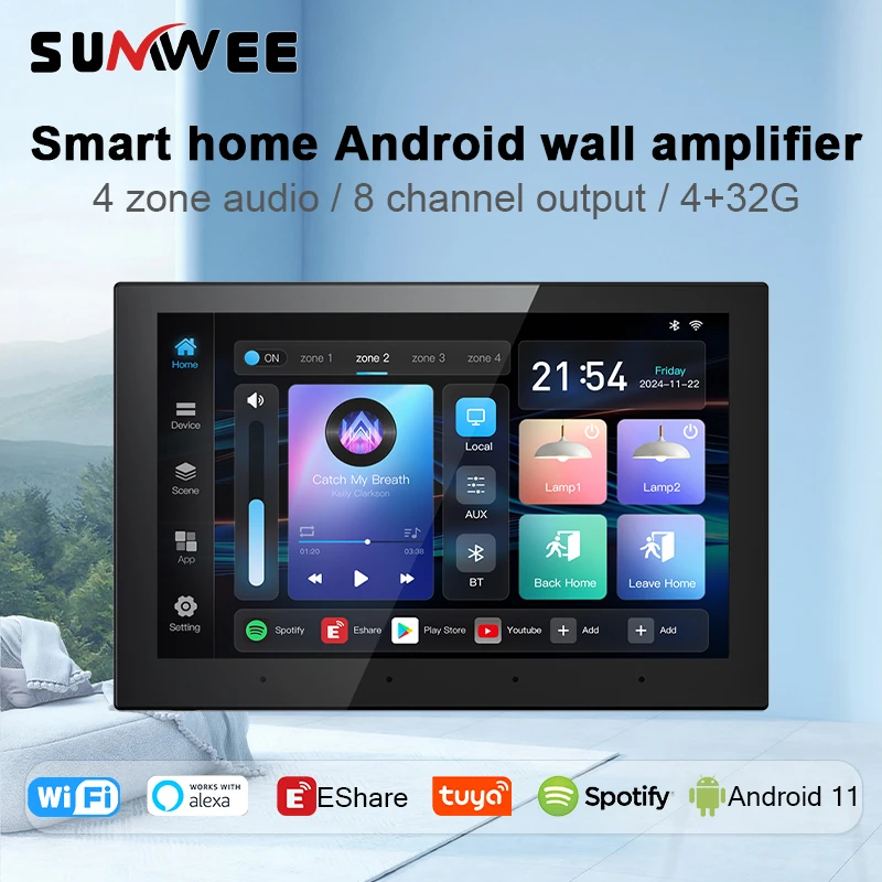 8 Inch  Android 11  4 zone audio 8x30W TUYA smart home control sound touch screen music player WiFisystemin wall amplifier RJ45