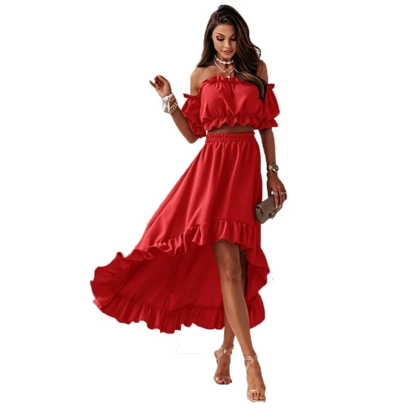 Fashion Y2K Casual Off Shoulder Crop Top Elastic High Waist Irregular Ruffle Long Skirt Women Sexy Two Piece Set Party Outfits