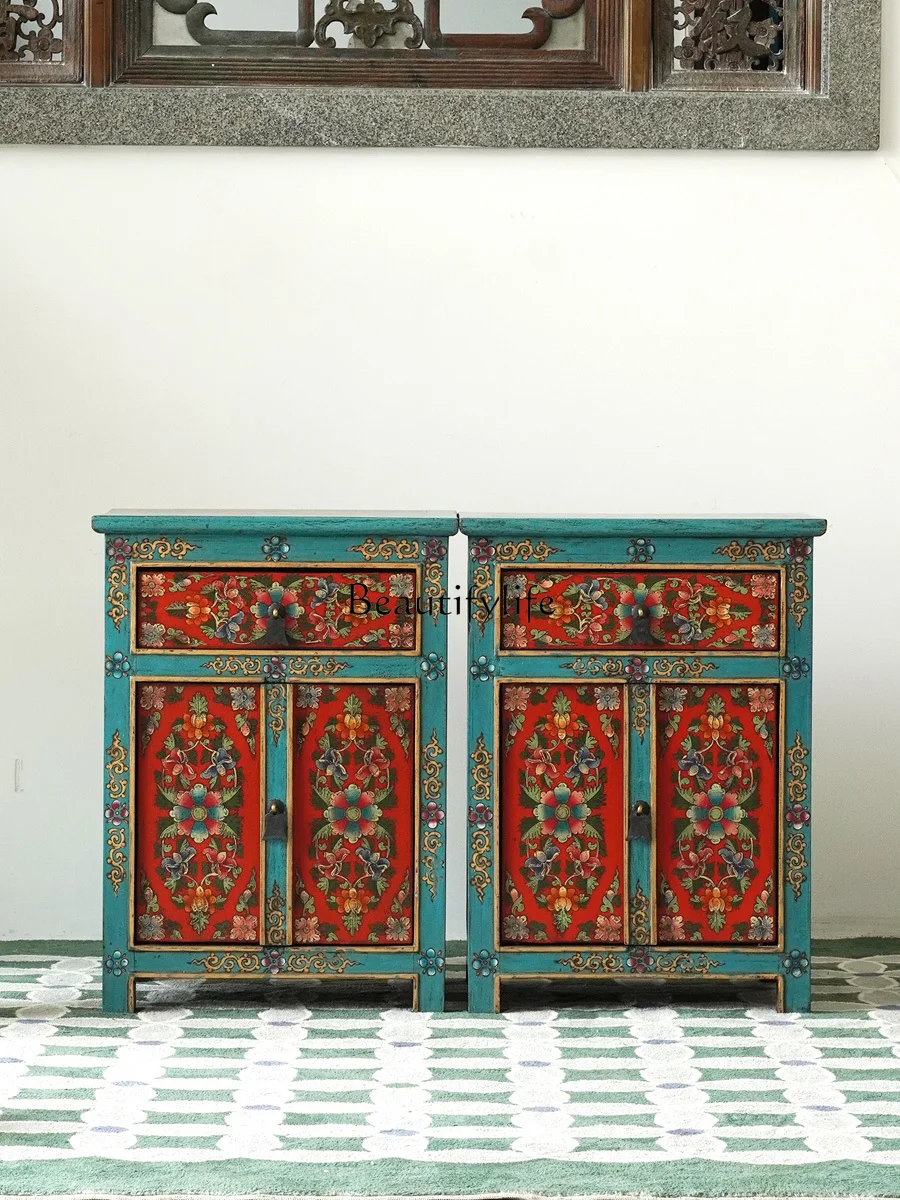 

Painted furniture retro solid wood bedside table new Chinese hand-painted furniture