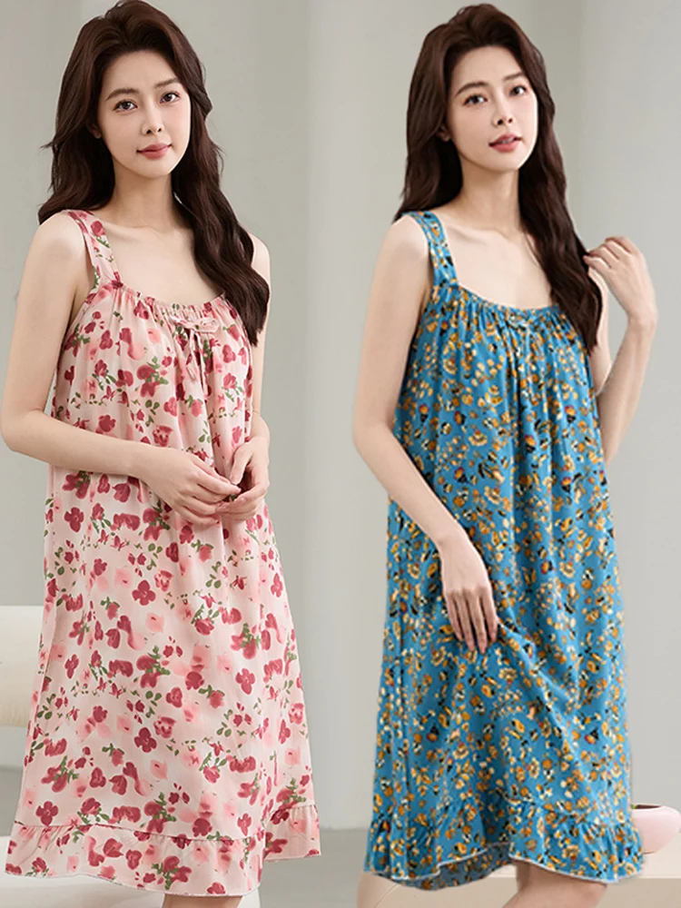 

Summer Thin Cotton Silk Nightgown Women's Svel Dr Loose Home Clothes Faionable Korean Sle Printed Dr