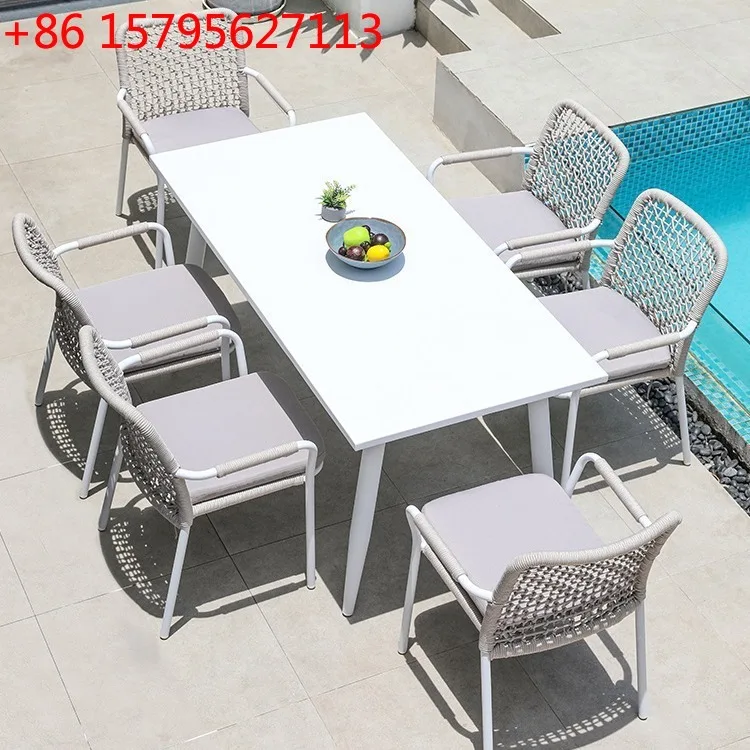 

Уличные столы и стулья из ротанга, простые белые стулья для виллы, двора, балкона, террасы, сада, для отдыха, плетеные из веревки, в стиле поло