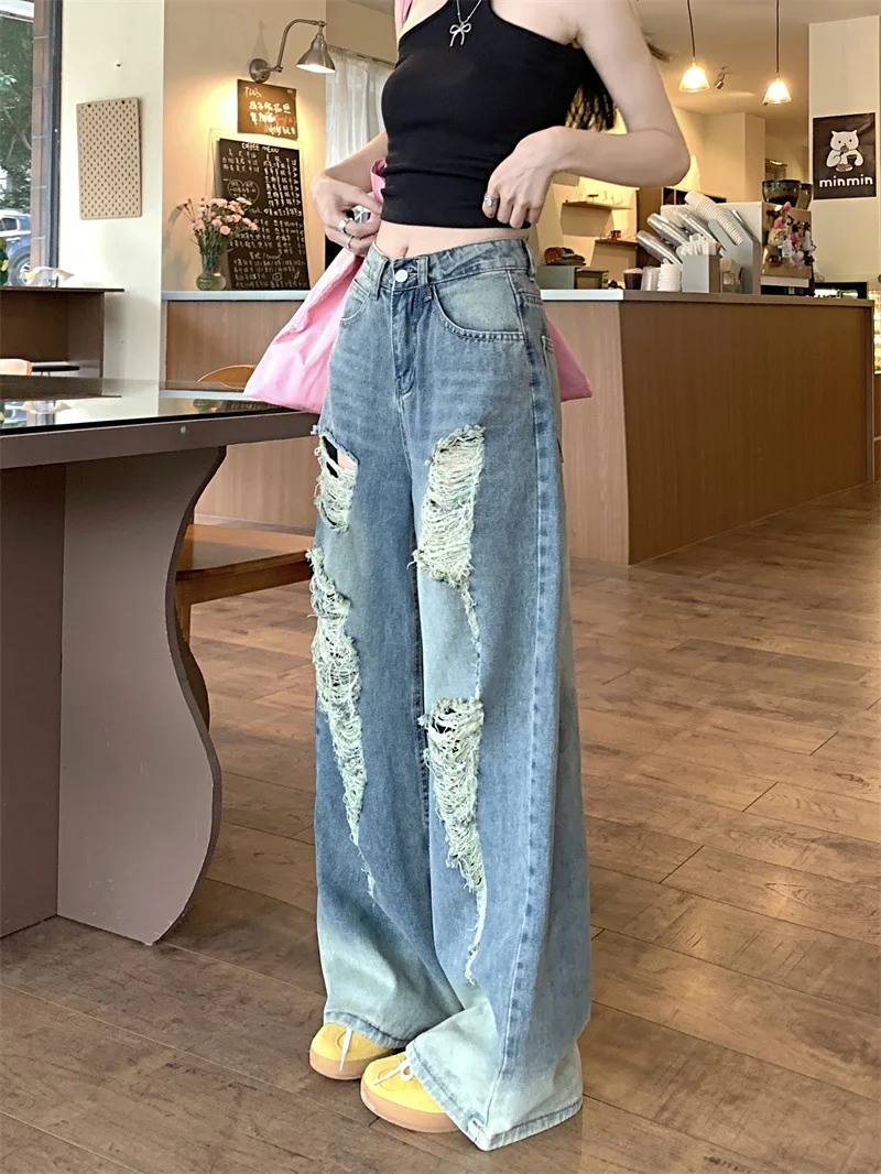 Summer new style retro sweet and cool hot girl showing long legs frayed straight casual floor-length denim trousers for women