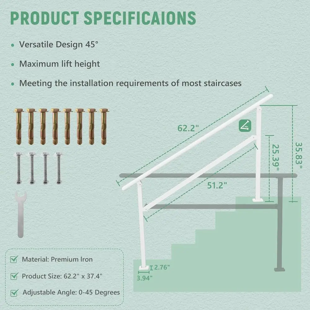 درابزين شرفة قابل للتعديل من 4-5 خطوات لكبار السن، درابزين للسطح الخارجي، أبيض