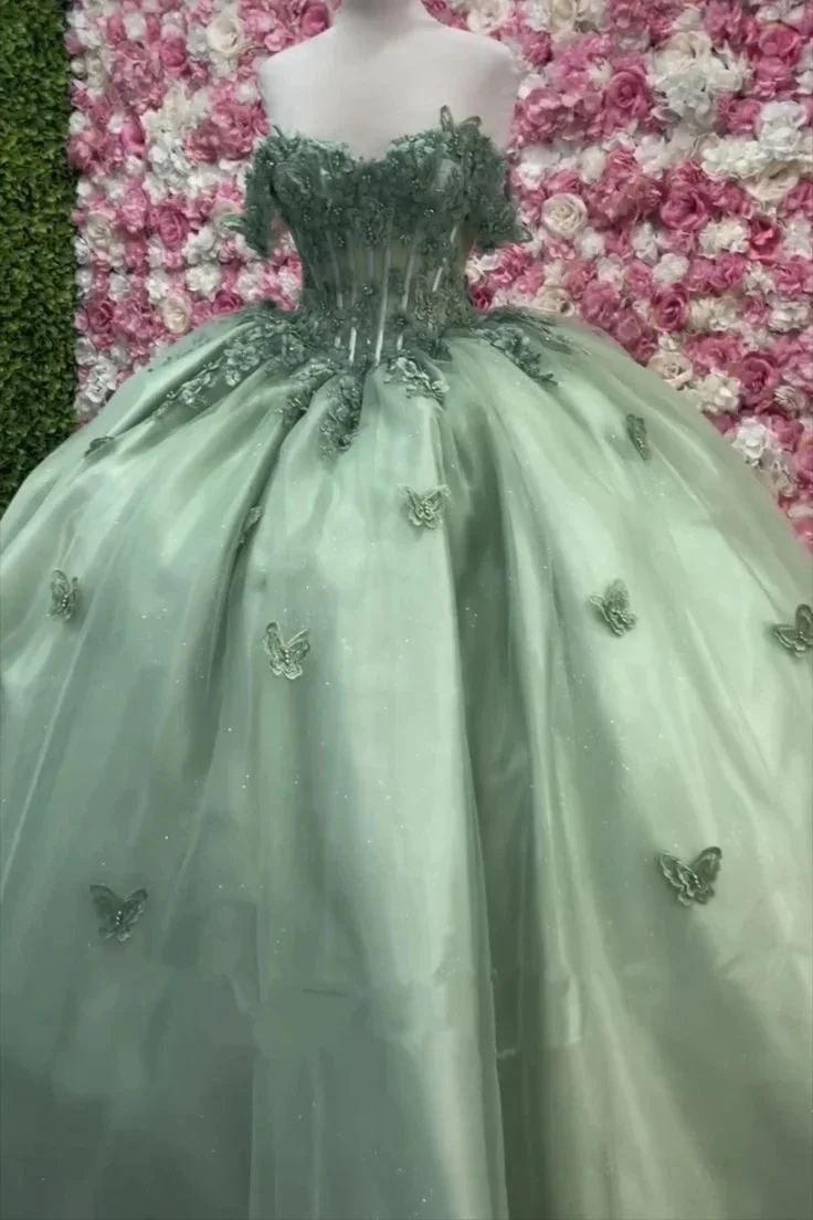 قبالة الكتف تول ثوب الكرة ، حبيبته Quinceanera فساتين ، فراشة زين ، حلوة 15 اللباس مشد ، حكيم رائع الأخضر مطرز اللباس