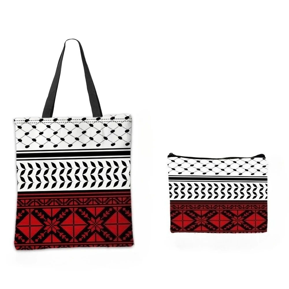 Tas jinjing desain tradisional pola geometris merah, hitam putih, tas kosmetik, kombinasi praktis, tas belanja, tas penyimpanan, tas tangan