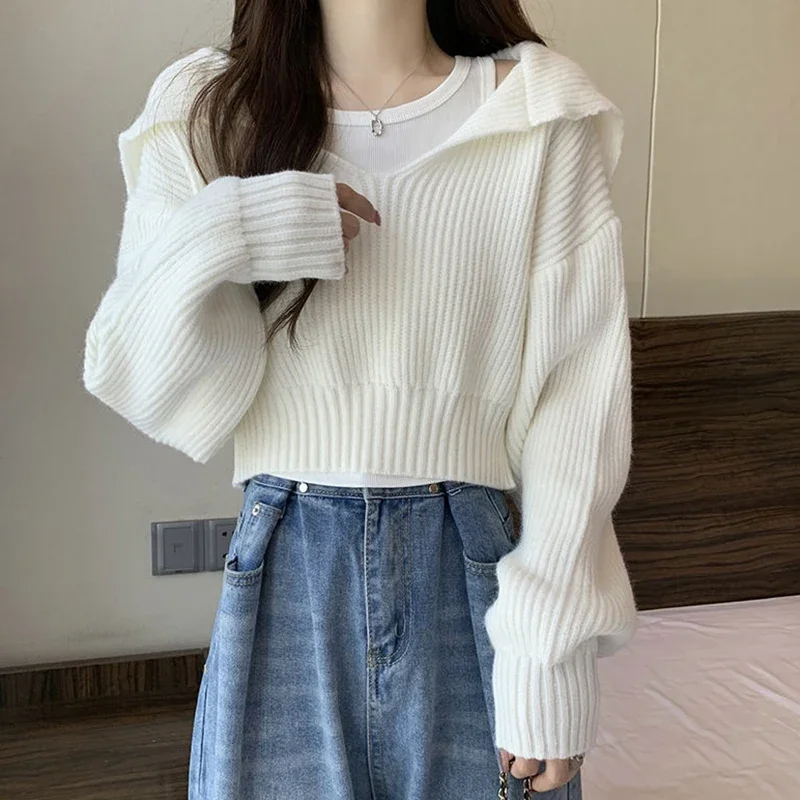 Long Sleeve Cropped Sweater Women Autumn Winter Turn Down Collar Knitted Jumper Woman Korean Style Solid Color Jerseys