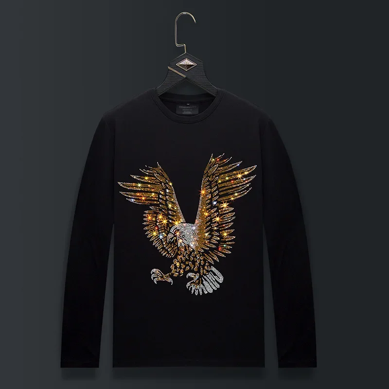 

Plus Size O Neck Long Sleeve T Shirts Men Fashion Streetwear Eagle Pattern Rhinestones Mercerized Cotton Tshirts Mens Clothing