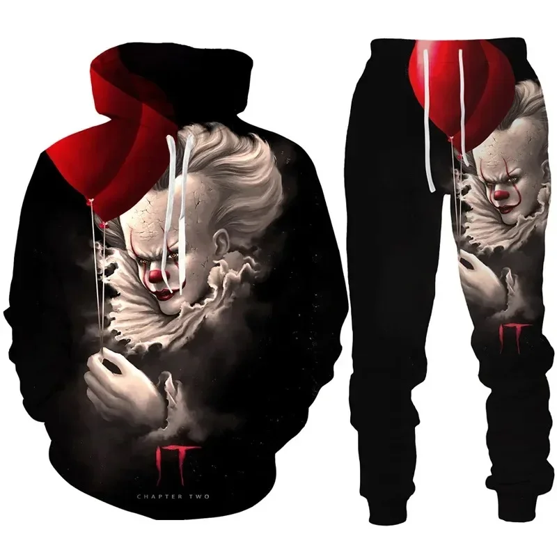 Men\'s Hoodie Tracksuit Set Autumn Winter Horror Movie Clown 3D Print Fashion Hoodie Pants Suit Pullover Sets Streetwear Harajuku