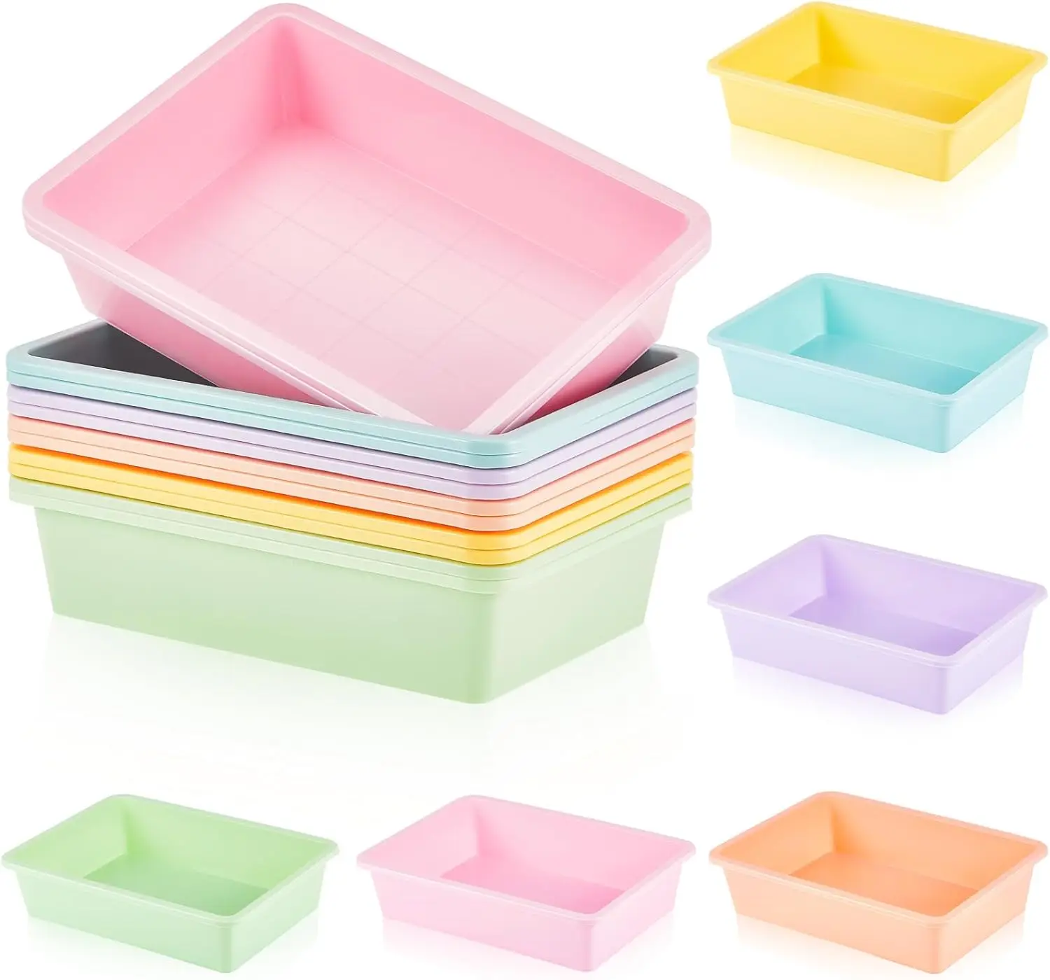 

12 Pcs Plastic Flat Storage Trays, Stackable Classroom Bins, School Office Letter Basket, Art Book Organizer, Pastel Colors