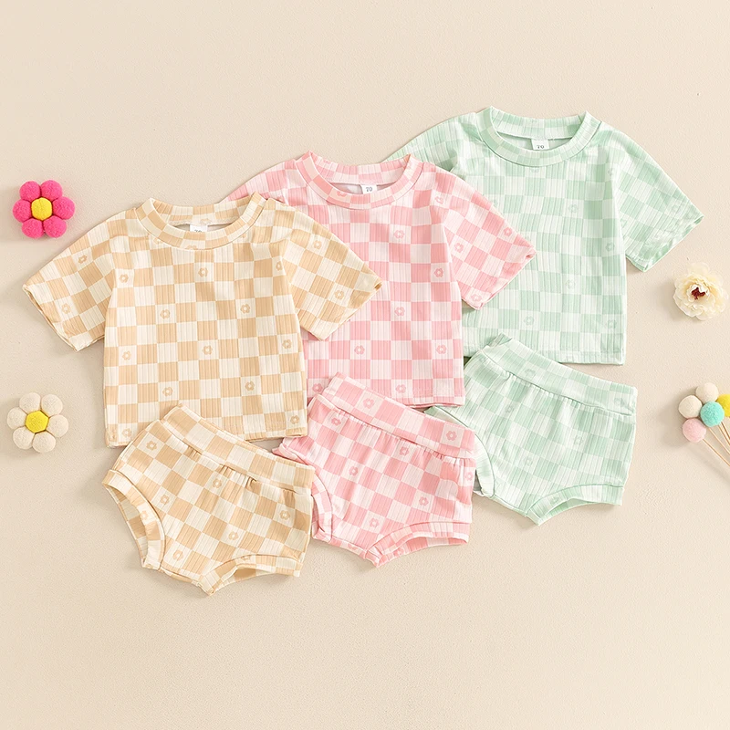 

Toddler Clothes Girl Summer Baby Short Sleeve Checkerboard Print Tops PP Shorts Set 2Pcs Outfit Infant Clothing