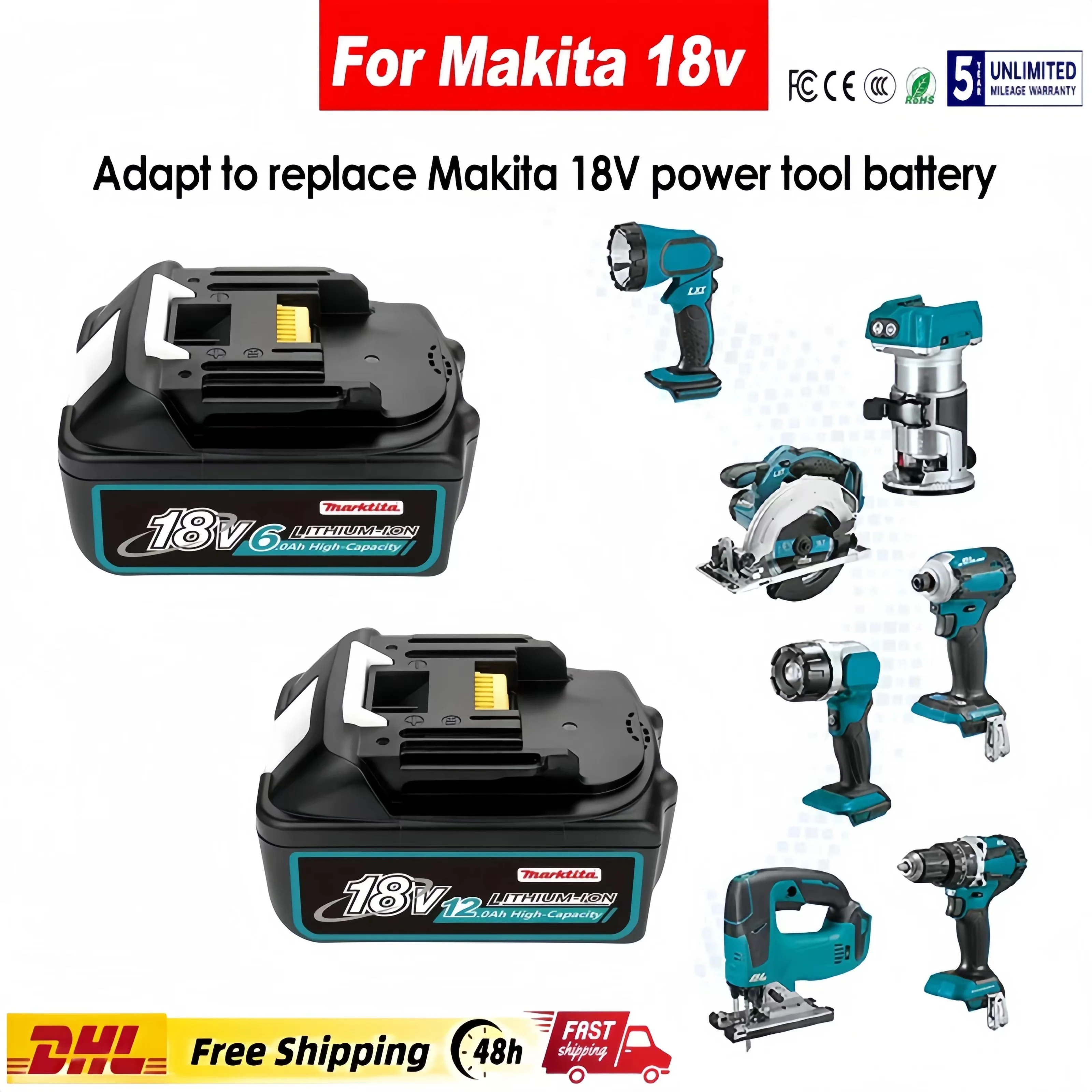 

For Makita Rechargeable 18V 5.0Ah Li-Ion Battery For Makita BL1830 BL1815 BL1860 BL1840 194205-3 Replacement Power Tools Battery