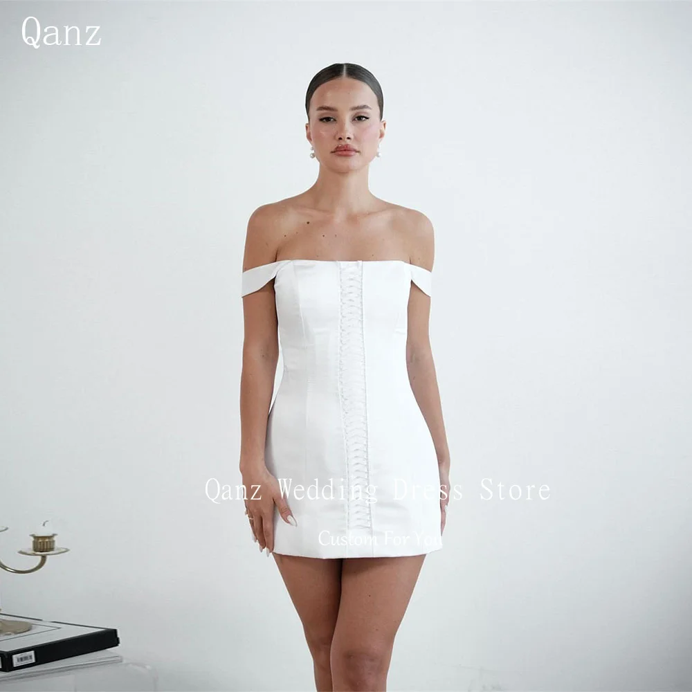 

Qanz White Satin Mini Wedding Dresses Off The Shoulder Short Vestido De Novia Civil Strapless Mini Bridal Gowns Customized
