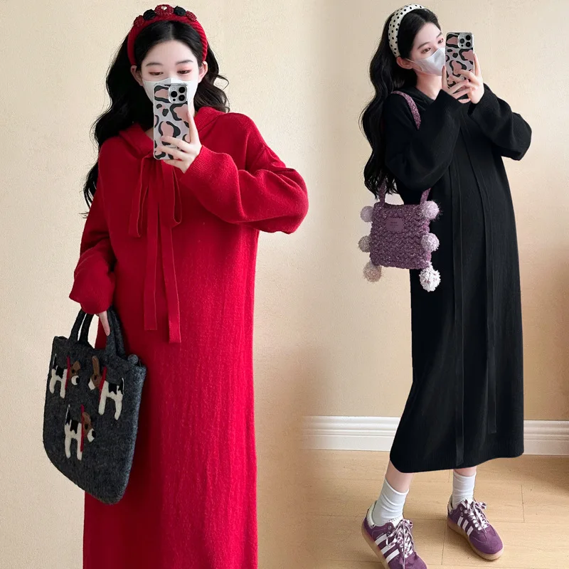 فستان حمل شتوي 2026 مع غطاء محرك السيارة وفيونكة فستان سترة منسوج لعيد الميلاد ، أنيق بحورية البحر فستان الحمل بالجملة