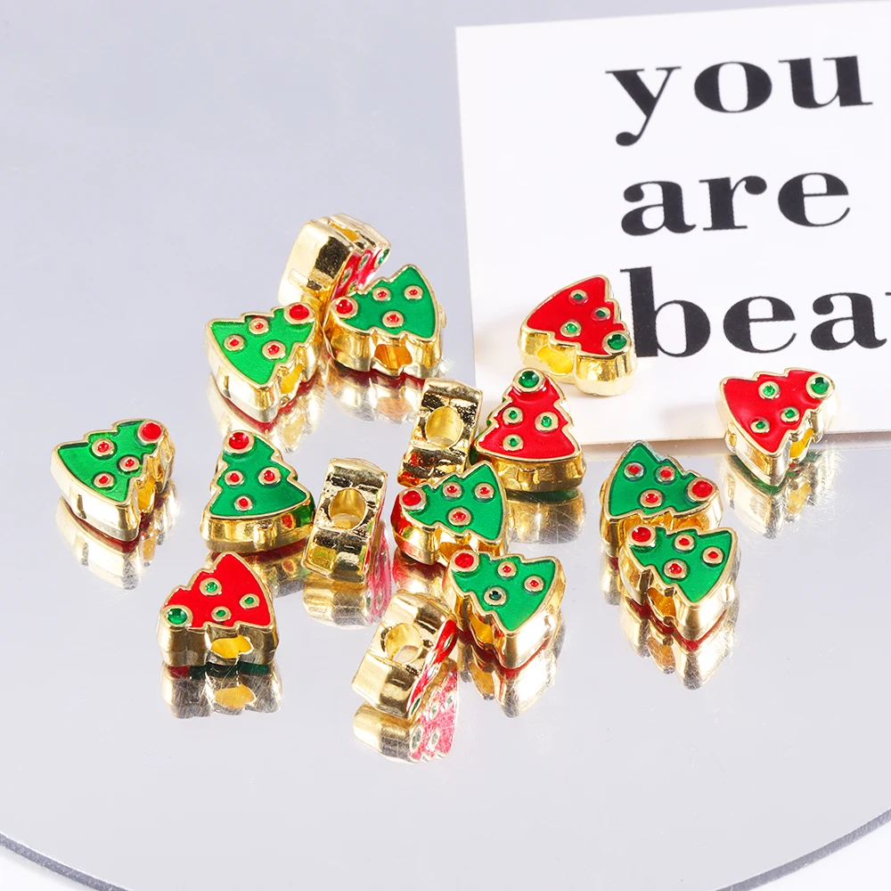 6Pcs Enamel Christmas Tree Santa Claus Large Hole Alloy Spacer Beads for Women's Bracelet Christmas Jewelry DIY Ornament Gifts