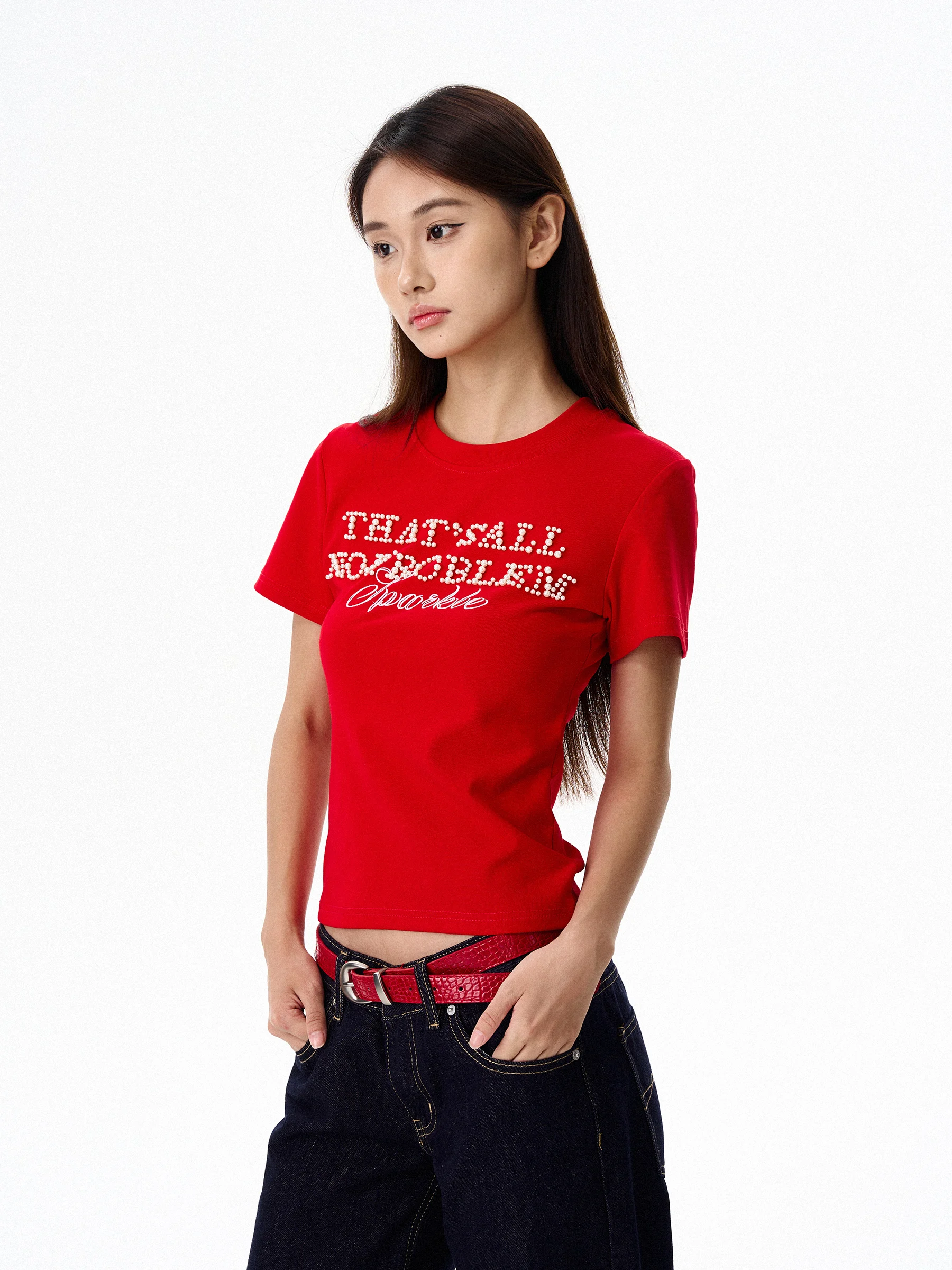 

JUNECUT American Retro Red Print Pearl Short Sleeve T-Shirt Women's Slimming Summer New Style Spicy Girl Top Cotton Blend