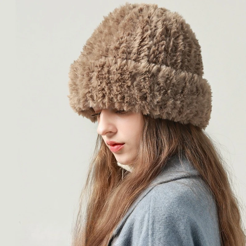 قبعة فرو الأرنب الصناعي المرأة العصرية عادية لينة قبعة الشتاء الدافئة موضة تنوعا محبوك قبعة الإناث الباردة برهان بيني الإناث #1