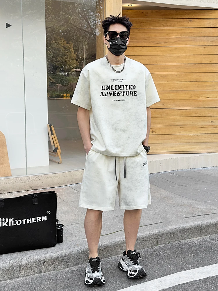 

Мужская повседневная футболка с буквенным принтом и свободные орты, комплект из двух предметов, летняя моя, Гонконг, Sle ort Sve, смесь хлопка You...