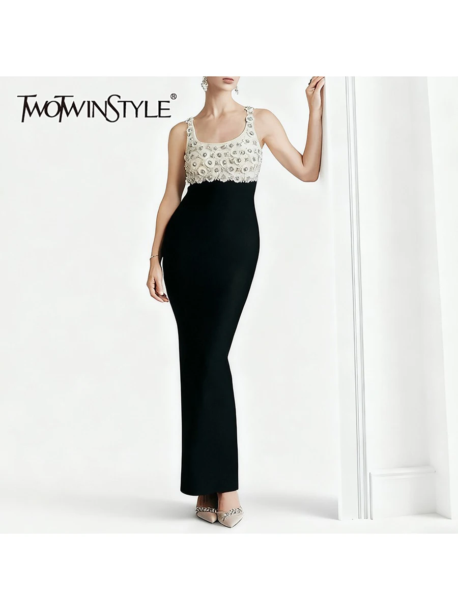 

TWOTWINSTYLE Hit Color Slimming Spliced Appliques Elegant Dresses for Women Square Neck Sleeveless High Waist Long Dress Female
