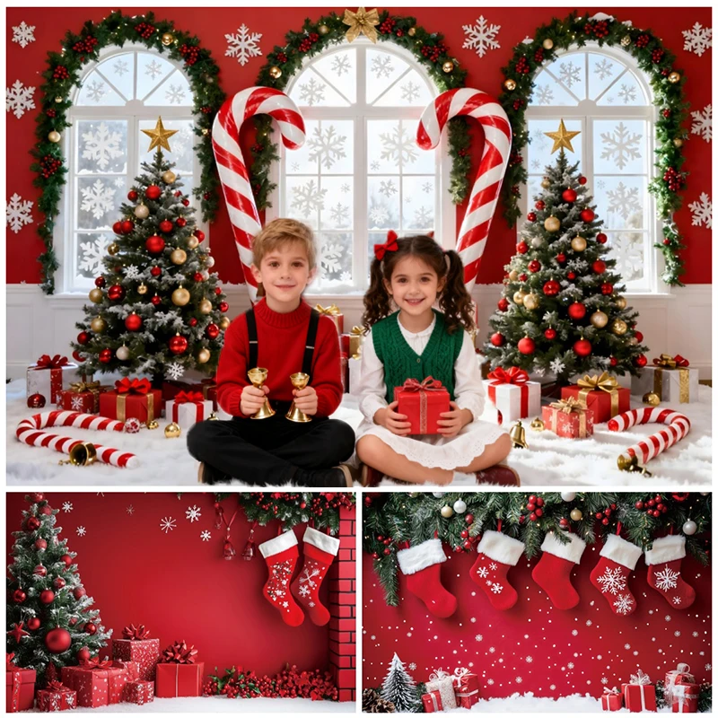 

Christmas Candy Cane Backgrounds For Photography Xmas Tree Gifts Snowflake Kids Family Festivial Portrait Decoration Backgrounds