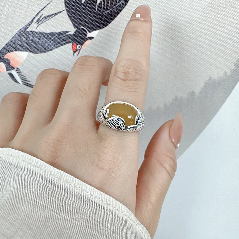 Real 990 Silver Handmade Peacock Amber Ring For Women Girls  Vintage Oval Beewax Adjustable Opening Silver Rings JZ135