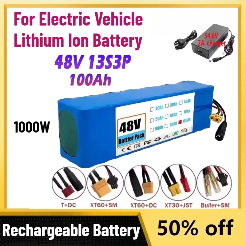 

New 48V 100000mAh 1000W 13S3P Lithium-ion Battery Pack for Electric Vehicle Lithium Ion Battery 54.6V Charger XT60+T T+DC