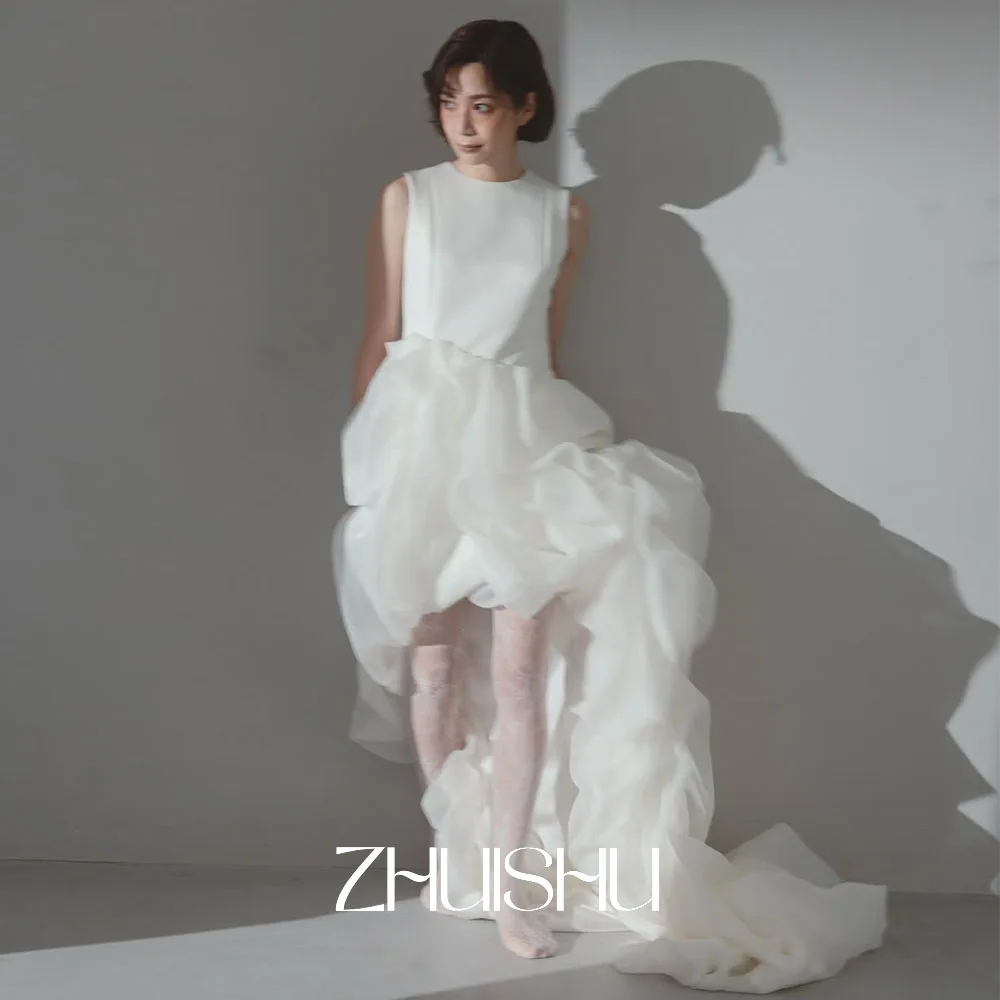 

ZHUISHU Y2K Lovely Korean Wedding Dresses Photo Shoot Customzied Hi-Lo O-Neck Sleeveless Pleated Bridal Evening Party Gown