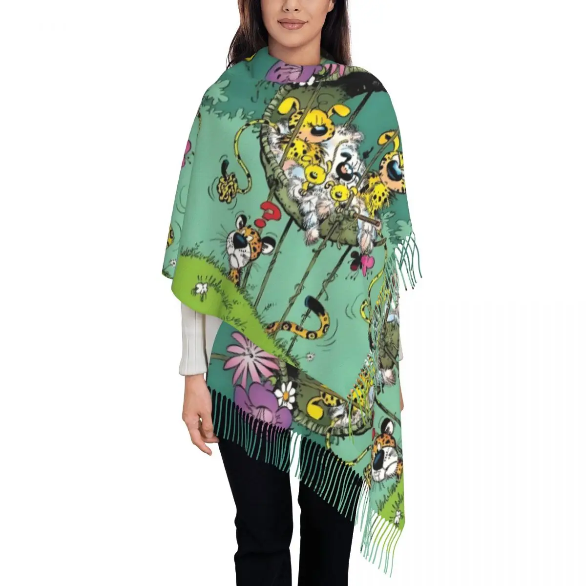 

Зеленый шарф Marsupilami с принтом на заказ для мужчин и женщин, зима-осень, теплые шарфы с семейной шалью в гнезде