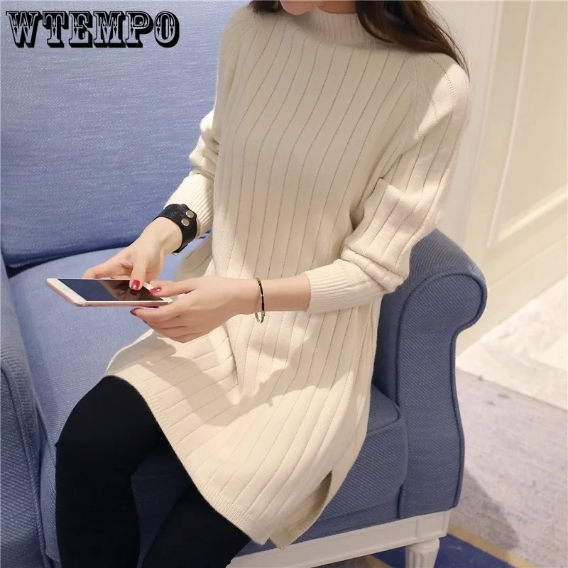 WTEMPO Turtleneck Sweater Women\'s Mid Long Knitted Bottoming Shirt Loose Pullover Knitted Tops Long Sleeve Casual Sweater