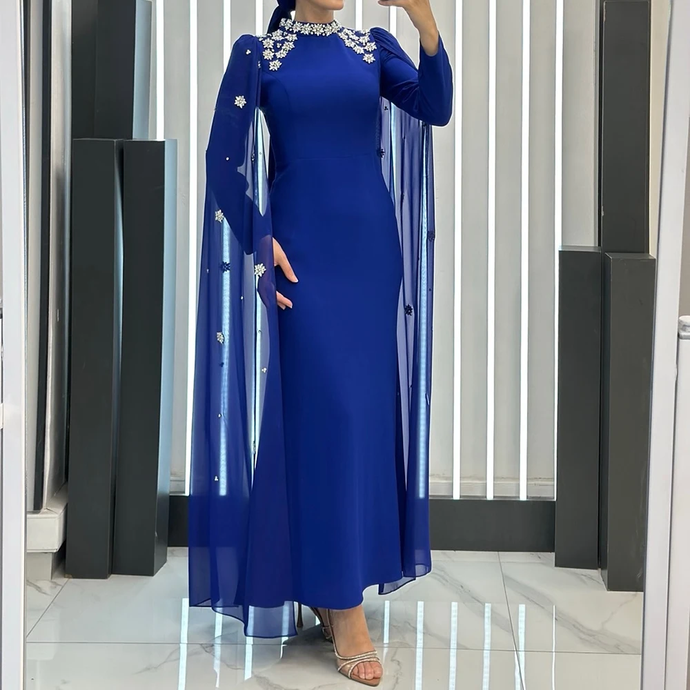 

Customized A-line Evening Dresses Ankle-length High-neck Full Sleeve Prom Gown Fashion Crystal Stole Draped Exquisite Party Gown