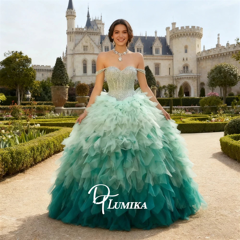 

Tiered Mesh Long Quinceanera Dresses for Women Off the Shoulder Sweet 15 Dresses Coming of Age Party Gown Birthday Dress