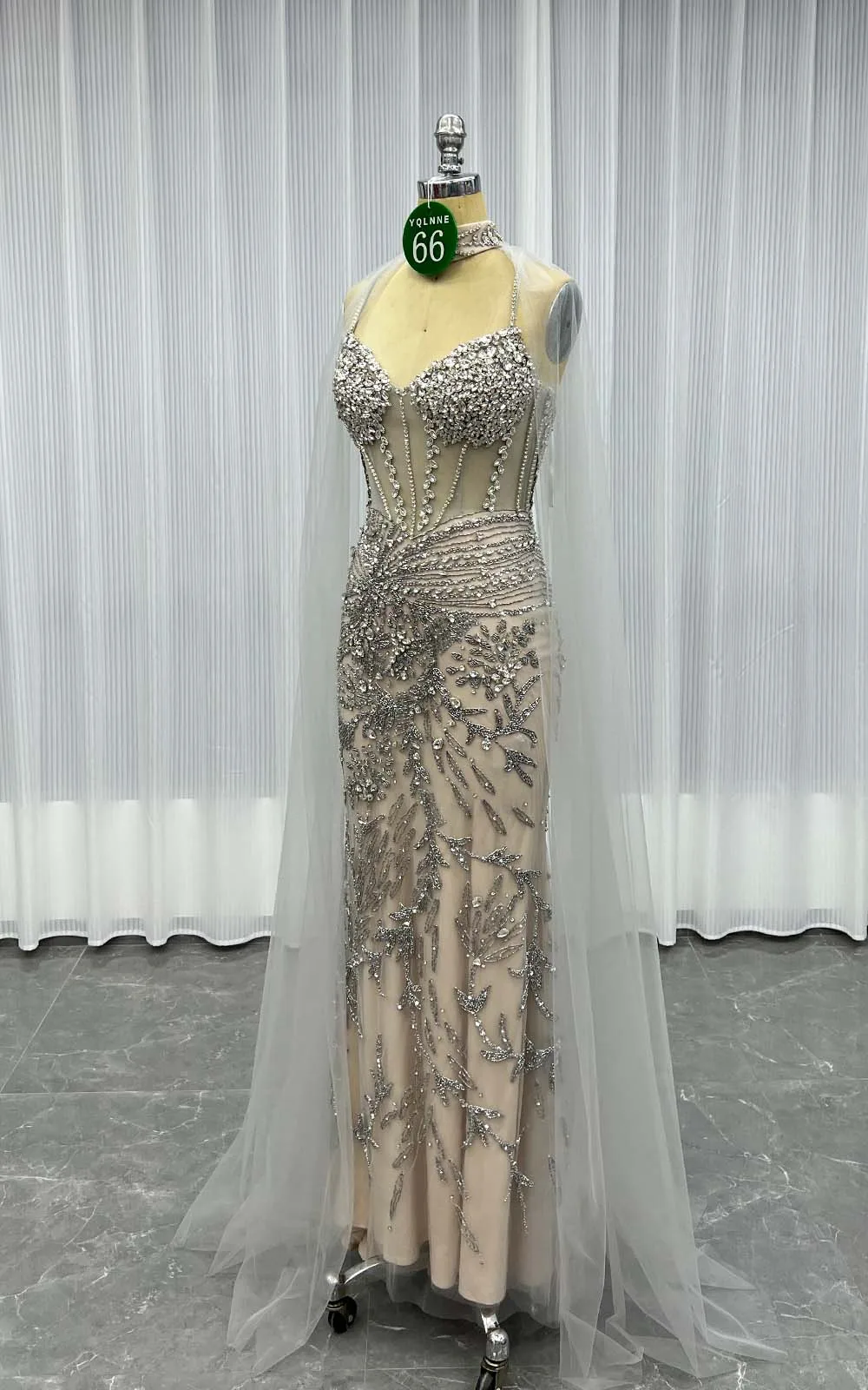YQLNNE 066 Silver Nude Handmade Crystals Beaded Evening Dresses Formal Party Gown With Shawl
