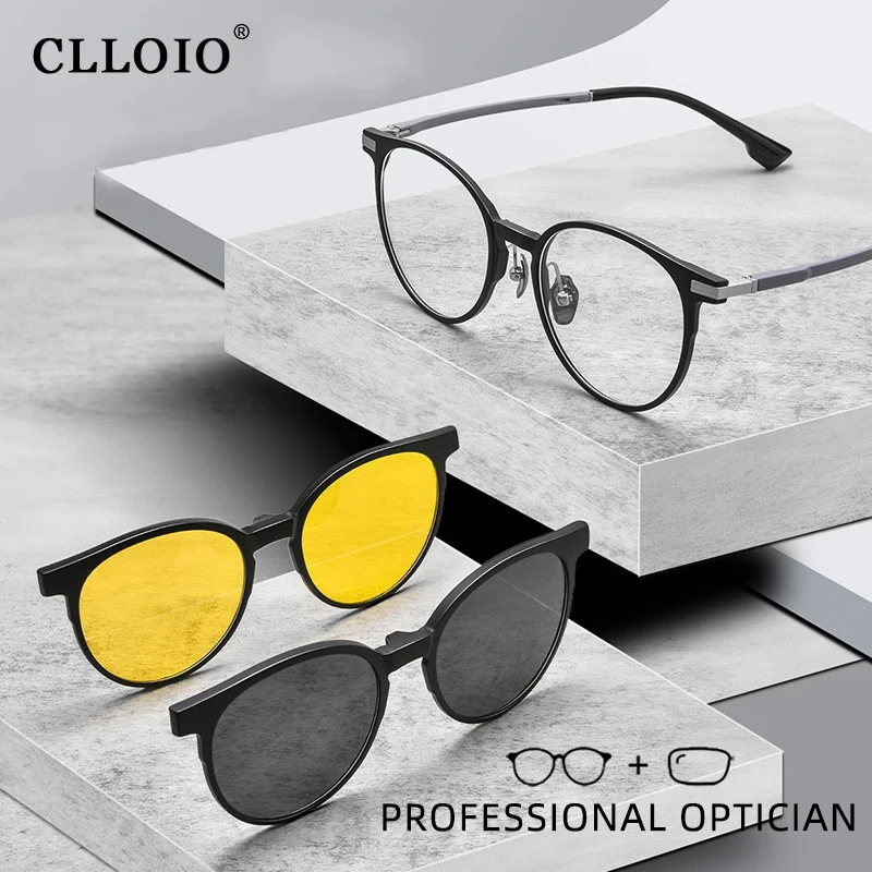 

CLLOIO Classic Round Magnetic Clip On Glasses Men Women Polarized Driving Sunglasses TR90 Frame Computer Glasses Customized Lens