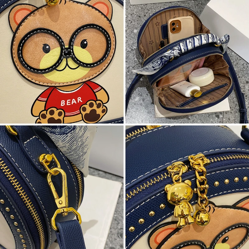 BeiBaoBao Brand Round Women Shoulder Handbag Hi-Q Rivet Crossbody Bags For Women 2023 Cute Bear Applique Circle Messenger Bag