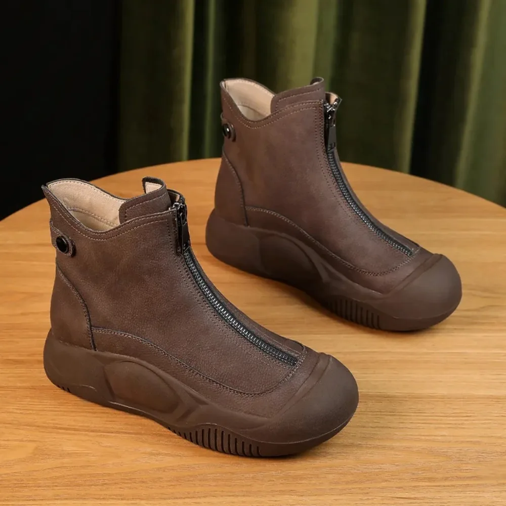 2024 35-43 Large Women\'s Shoes Genuine Leather Retro High Top Shoes Women\'s Winter New Thick Sole Cake Short Boots for Women