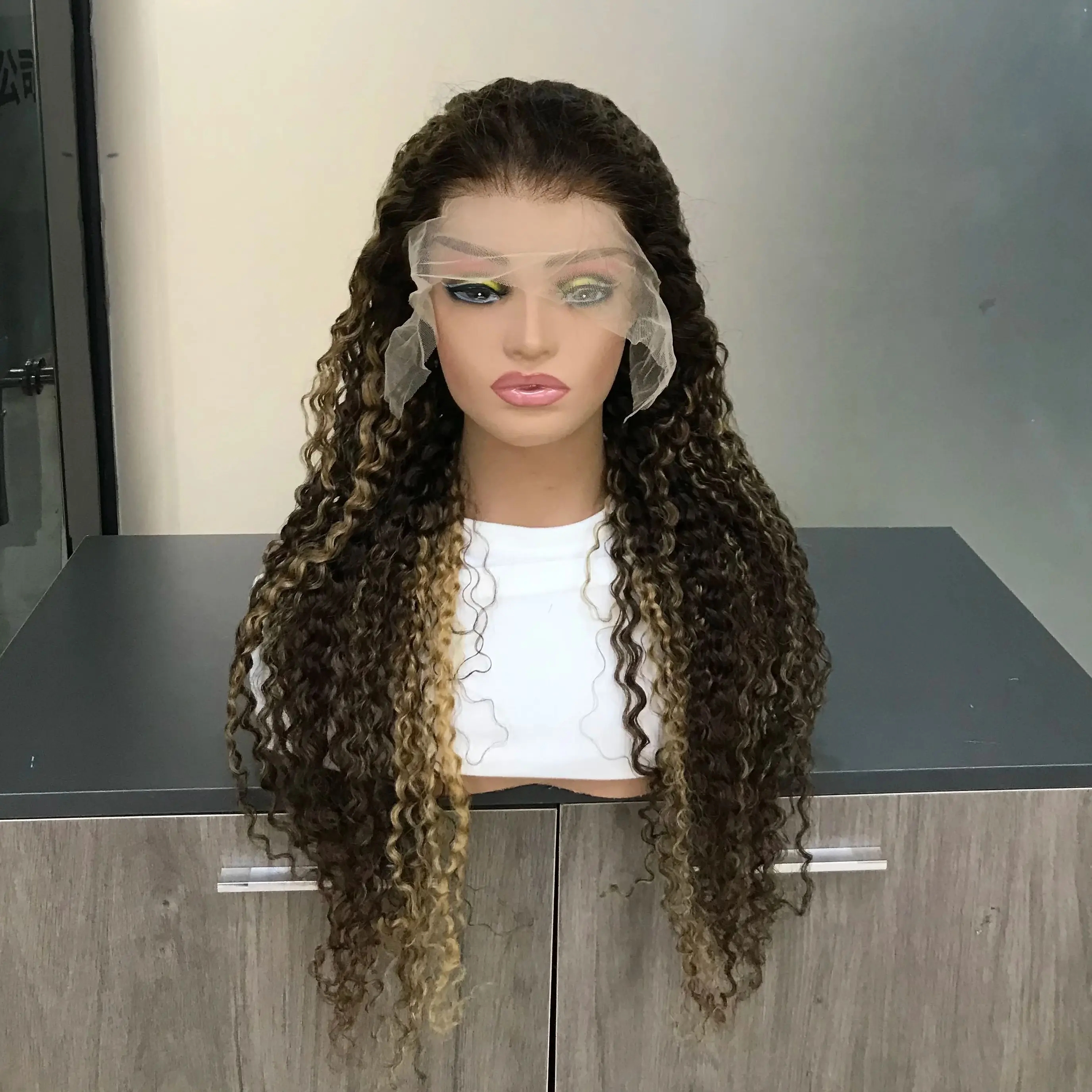 Mel Marrom Destaque Lace Frontal Peruca, Perucas de Cabelo Humano, Encaracolado Profundo, Onda De Água, Colorido, 13x6, 13x4, à venda