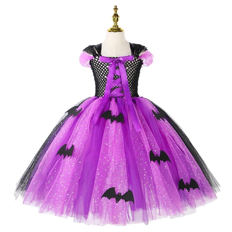 2024 Girl Evil Queen Cosplay Costume Kids Halloween Witch Dress Handmade Knitted Tulle Tutu Ruffles Floor Length Princess Outfit