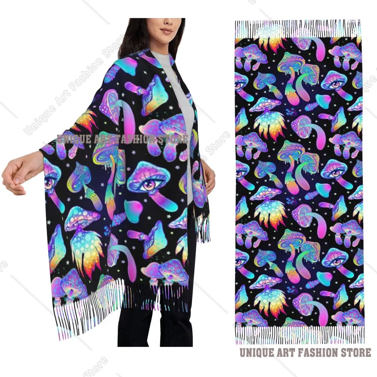 Trippy Mushroom Psychedelic  Scarf Tassel Scarves Women Soft Warm Shawls and Wraps Large Fall Winter Shawl Wrap