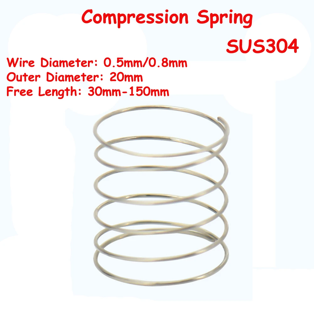 

Yiqianyuan 5Pcs Diameter 0.5mm/0.8mm SUS304 Stainless Steel Large Diameter Compression Spring OD=20mm Free Length 30mm-150mm