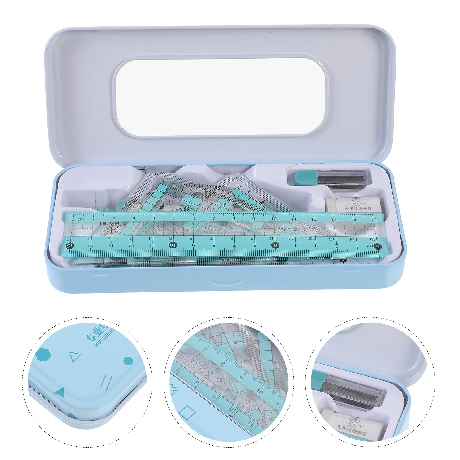 1 set Geometry Set Multi Functional Ruler Kit Blue Protractor Compass Triangle Board Student Office Drawing Tools